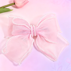 Blush Organza Pearl-Trimmed Hair Bow