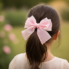 Girl Pink Organza Wearing Blush Organza Pearl-Trimmed Hair Bow