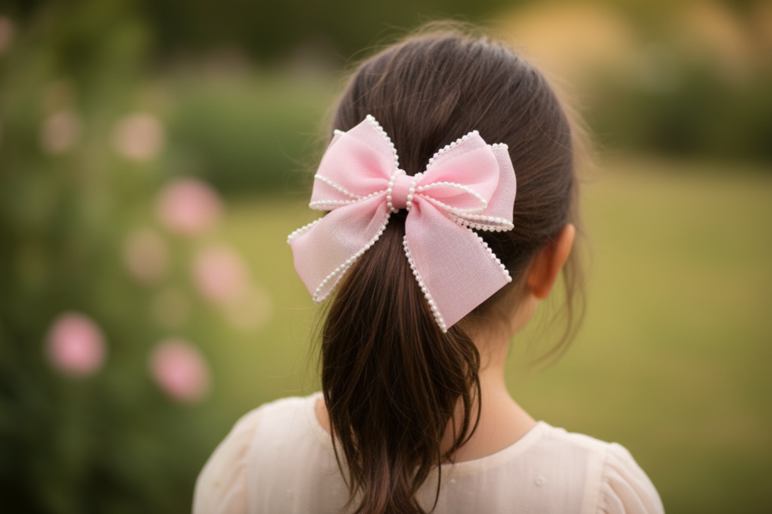 Girl Pink Organza Wearing Blush Organza Pearl-Trimmed Hair Bow