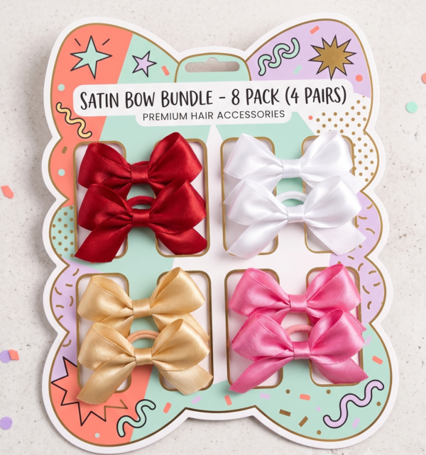 Glossy satin bow pair kids Premium Satin Hair Bow Bundle (8-Pack / 4 Pairs)