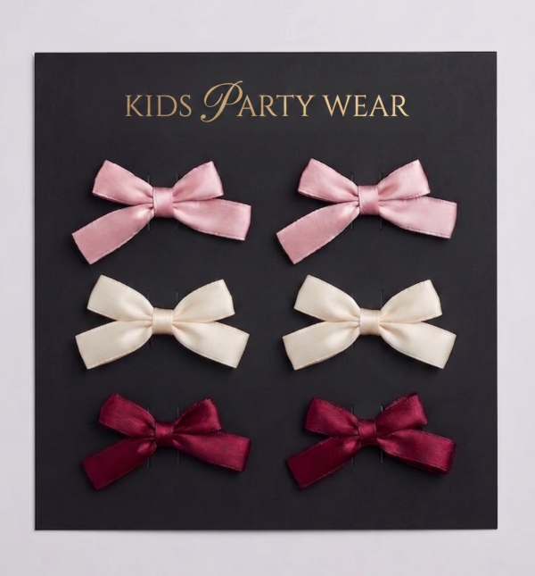 satin glossy pair 1 Elegant Kids' Party Satin Bow Clips (6-Pack) – Choose Your Palette